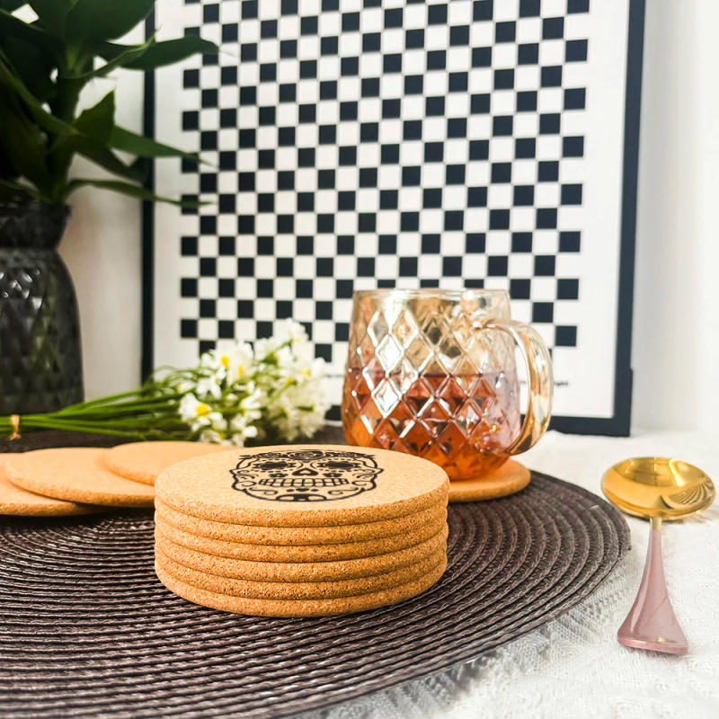 Description Picture 3 of item6pcs/Set Creative Engraved Flower Skull Pattern Round Cork Coasters For Coffee Cups Mugs Drink Holder and Tableware