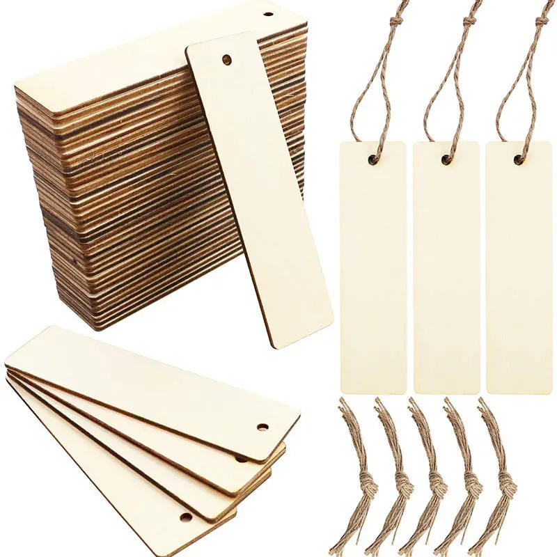 Description Picture 2 of item5/10/20Pcs Rectangle Wooden Tags Unfinished Nature Wood Slices DIY Crafts Wood Bookmark Garment Clothing Tag Hanging Label Decor