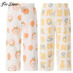 Kids Summer Casual Soft Cotton Pants Elastic Waist Print 2Pcs Set Calf Length Trousers Daily Wear Homewear Sleepwear Loungewear