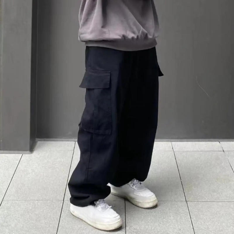 Description Picture 4 of itemMen Cargo Pants Elastic Waist Loose Wide Leg Solid Color Multi Pockets Retro Straight Breathable Workwear Bottoms Long Trousers