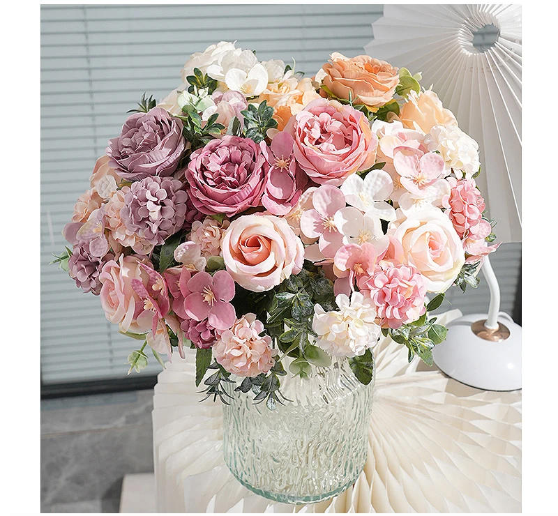 Description Picture 2 of item7 Heads Artificial Flowers Silk Peony Rose Hydrangea Bouquet Home Decorations Party Wedding Bride Fake Plants