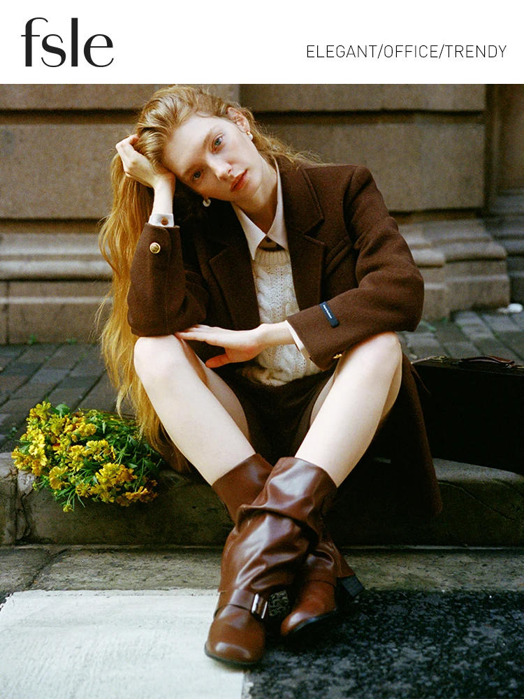 Description Picture 4 of itemFSLE 100% Wool Women Blazer Jackets Front Shoulder Office Lady Winter Temperament Straight Double Breasted Loose Woolen Coats