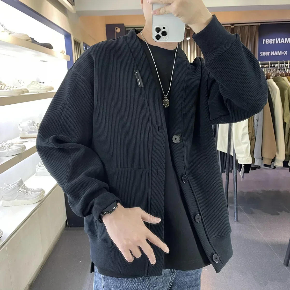 Description Picture 6 of itemMan Clothes with Pockets Knitted Sweaters for Men Cardigan Black Plain Solid Color Korean Autumn Cheap Fashion A Cotton Neck X S