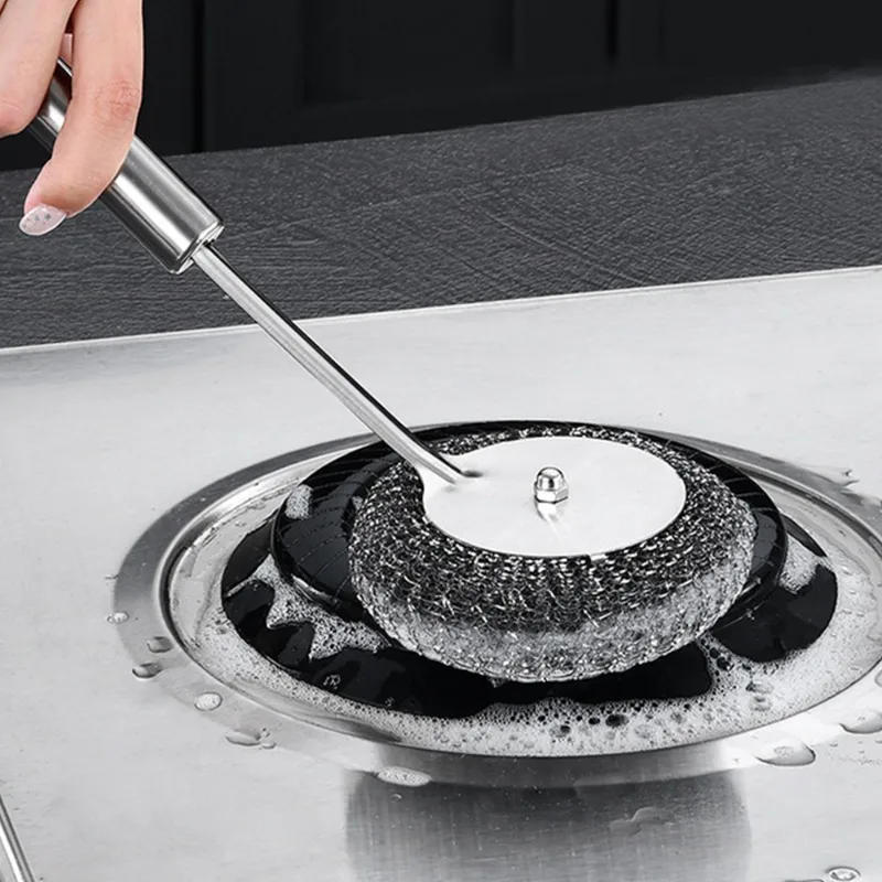 Description Picture 5 of itemSteel Wire Ball Pot Brush Kitchen Pan Dishes Cleaning Brush Long Handle Metal Wool Scourer Strong Decontamination Cleaning Wipe