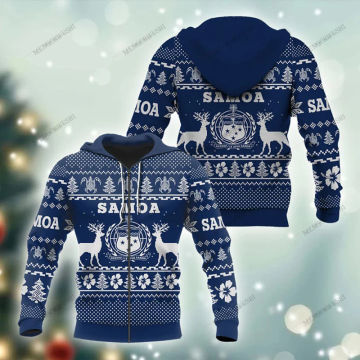 Custom Name Samoa Emblem Christmas Zipper Hoodies Unisex Oversize Sweatshirts Winter Casual Streetwear Tops Pullover