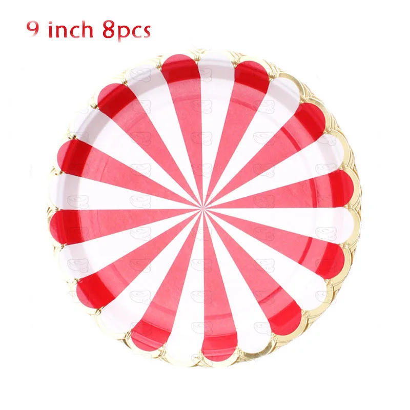Description Picture 6 of itemCircus Birthday Party Decor Red White Striped Disposable Tableware Sets Plates Cups PE Tablecloth Napkin Knives Forks Supplies