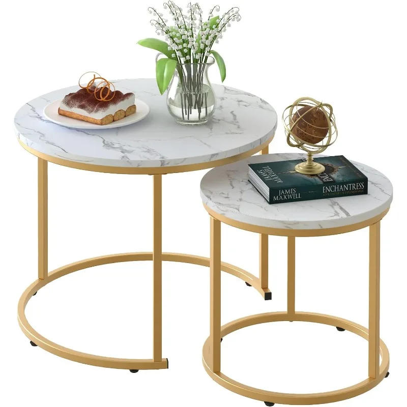 Description Picture 2 of itemCoffee Table Nesting White Set of 2 Side Set Golden Frame Circular and Marble Pattern Wooden Tables, Living Room Bedroom