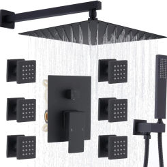 Matte Black Shower System with Body Spray Jets 12 Inch Rainfall Shower Wall Mounted
