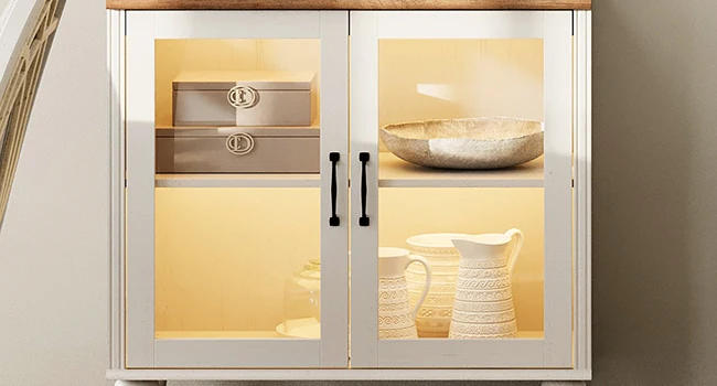 Description Picture 3 of itemWAMPAT Kitchen Buffet Sideboard Cabinet with 4 Glass Door, Mid-Century Cupboard & End Table with Charging Station, 4-in-1 Consol