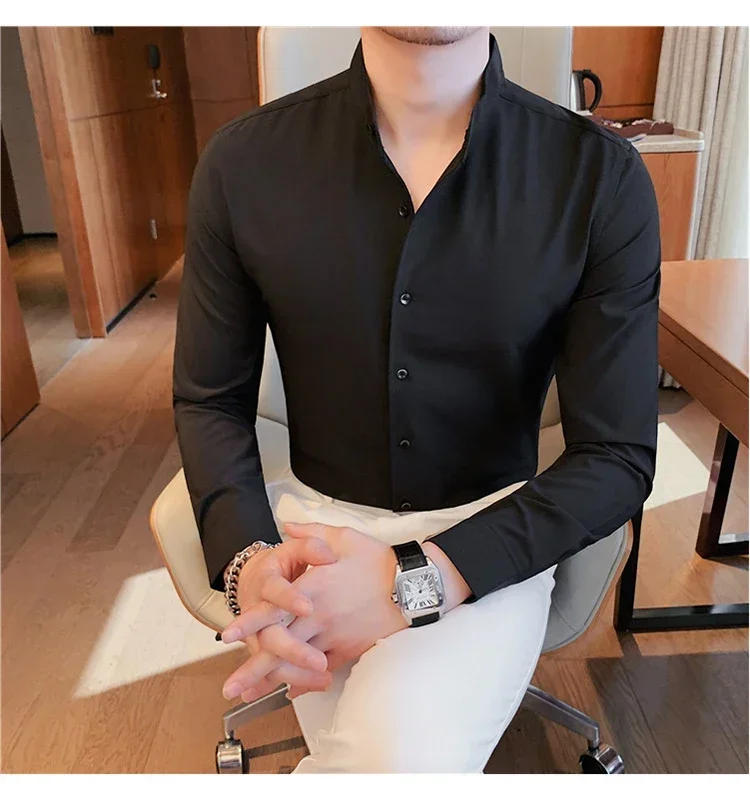 Description Picture 6 of itemMen Long-sleeved Business Formal Social Dress Shirt Fall Pure Stand Collar Party Club Casual Shirt Men's Brand Slim Tuxedo Shirt