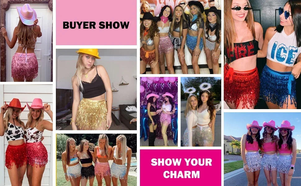 Description Picture 4 of item1-6PCS Sequin Fringe Skirts Belly Dance Hip Scarf Sparkly Tassel Skirt Concert Outfit for Birthday Wedding Bachelor Party Favors