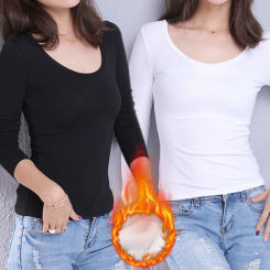 Black White Underwear Women Seamless Bottoming Shirt Solid Color Long-Sleeved T-Shirt Thin Velvet Heating Fiber Thermal Tops