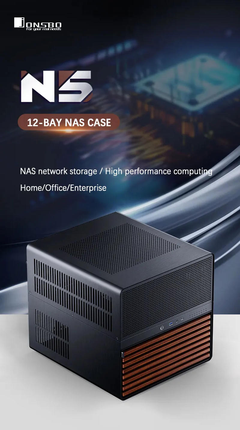 Description Picture 3 of itemJONSBO N5 NAS Case supports ITX/M-ATX/ATX/E-ATX motherboards ATX PSU Use North American walnut solid wood supports Water cooling