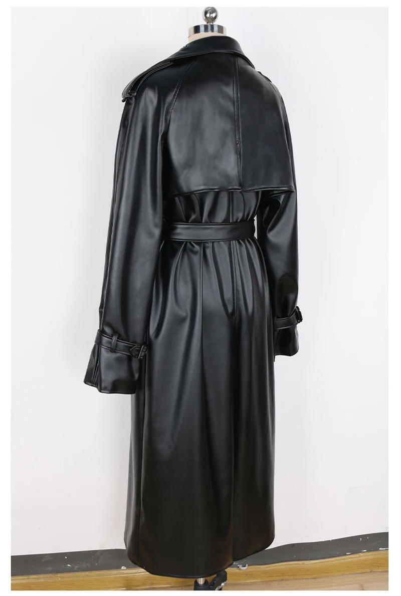 Description Picture 5 of itemnerazzurri Spring Autumn Long Oversized Windproof Waterproof Black Pu Leather Trench Coat Men Belt Double Breasted Overcoat 2024