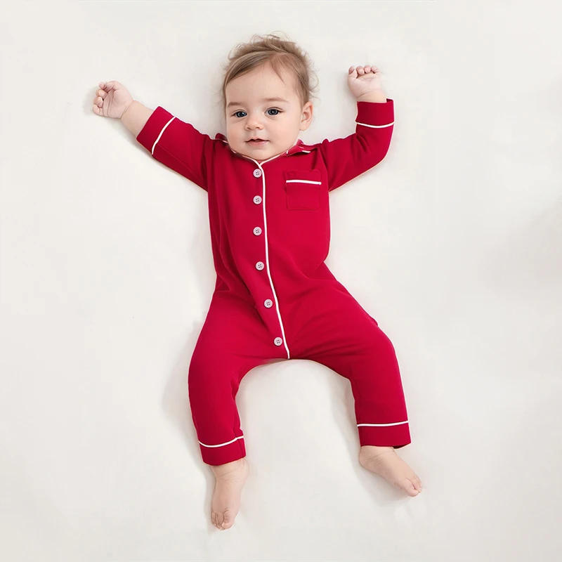 Description Picture 3 of itemBaby Boys Girls Rompers Pajamas Patchwork Turn-Down Collar Buttons Long Sleeve Infant Jumpsuits Sleepwear Spring Fall Nightwear