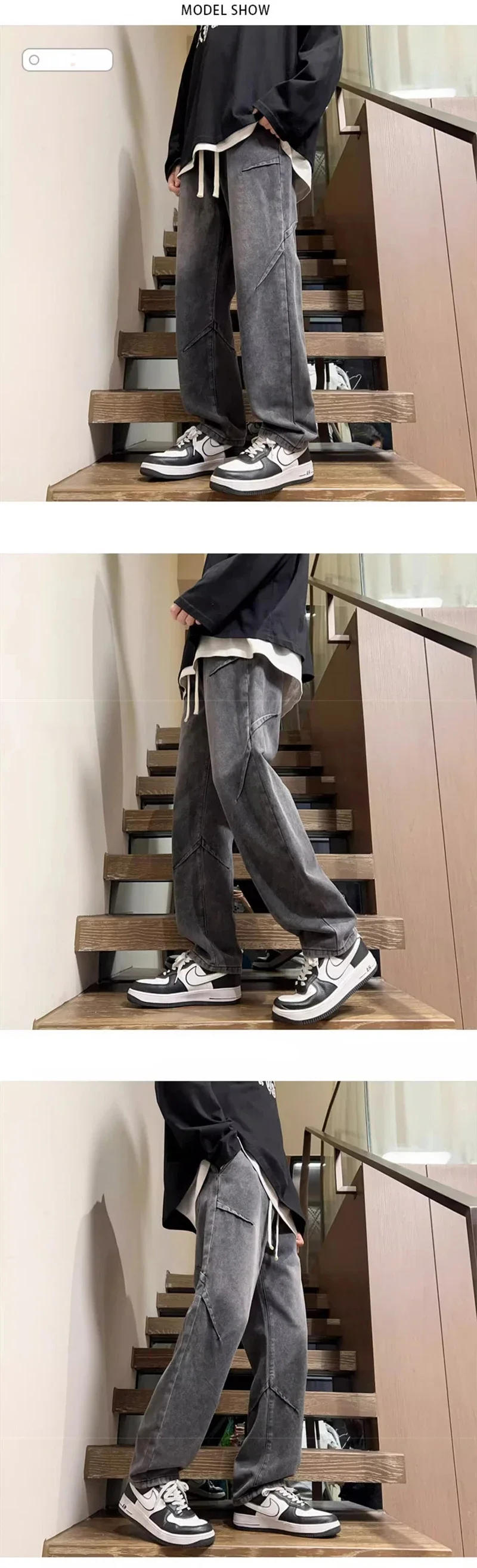 Description Picture 4 of itemNew Hip Hop Fashion Drawstring Jeans Men's Streetwear Vintage Wide Leg Straight Denim Trousers Y2K Baggy Pantalones Hombre