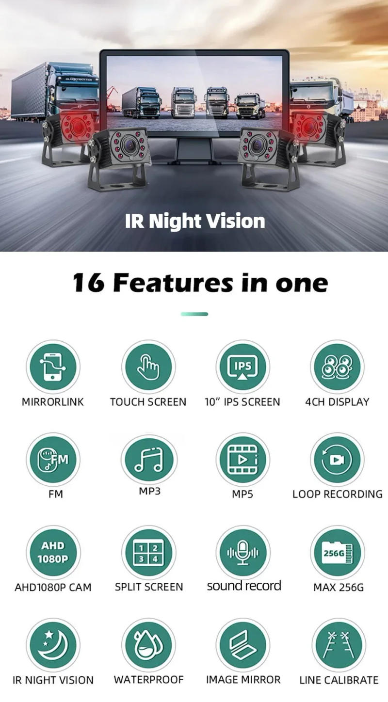 Description Picture 3 of item10.36" AHD 4 Channel Monitor Recording DVR 1080P Black Box Rear View Camera Truck Vehicle Touch Screen Support FM MP5 Mirrorlink