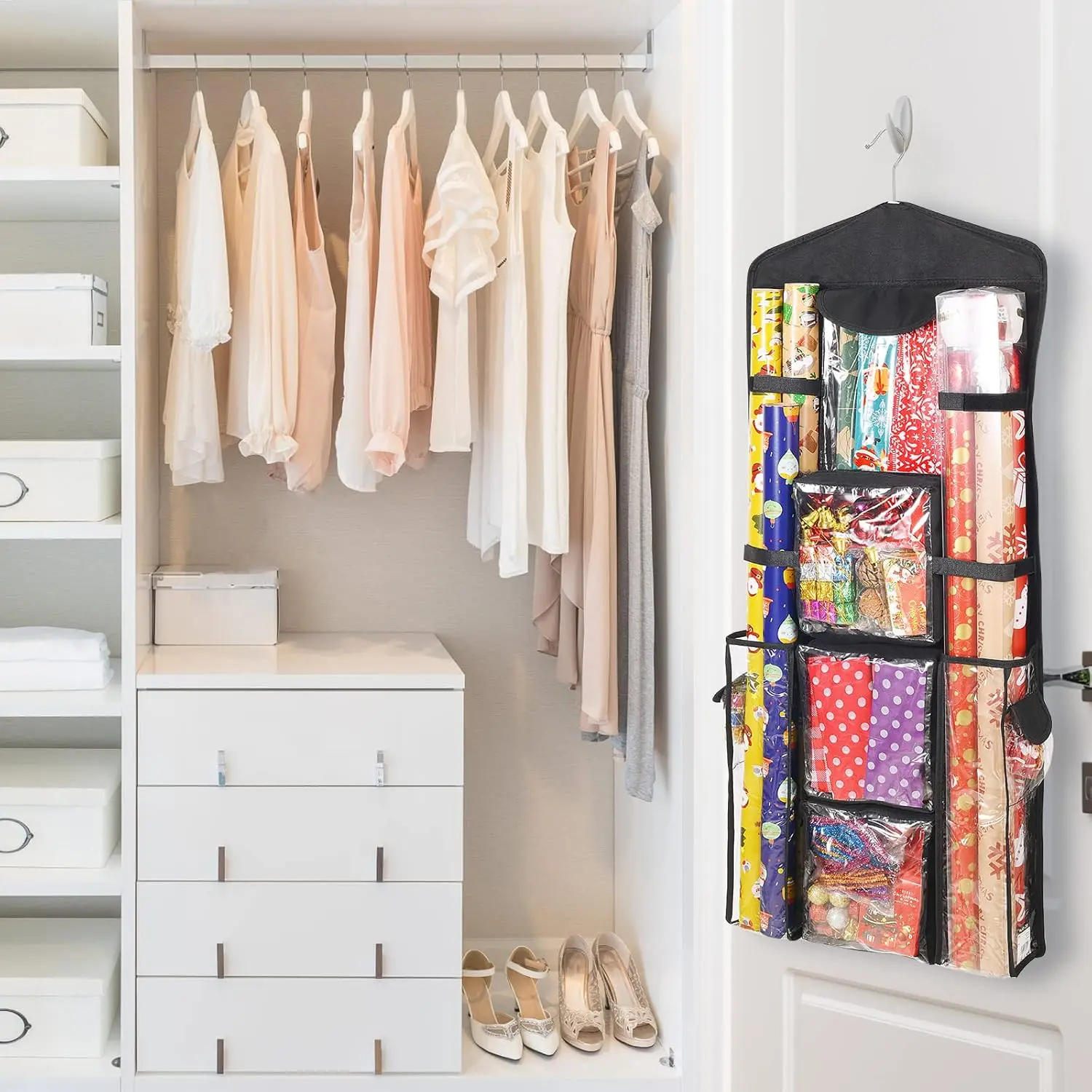 Description Picture 3 of itemAMOBOX Hanging Gift Wrap Storage Organizer, Wrapping Paper Storage Hanging Gift Bag Organizer Station with Multiple Pockets