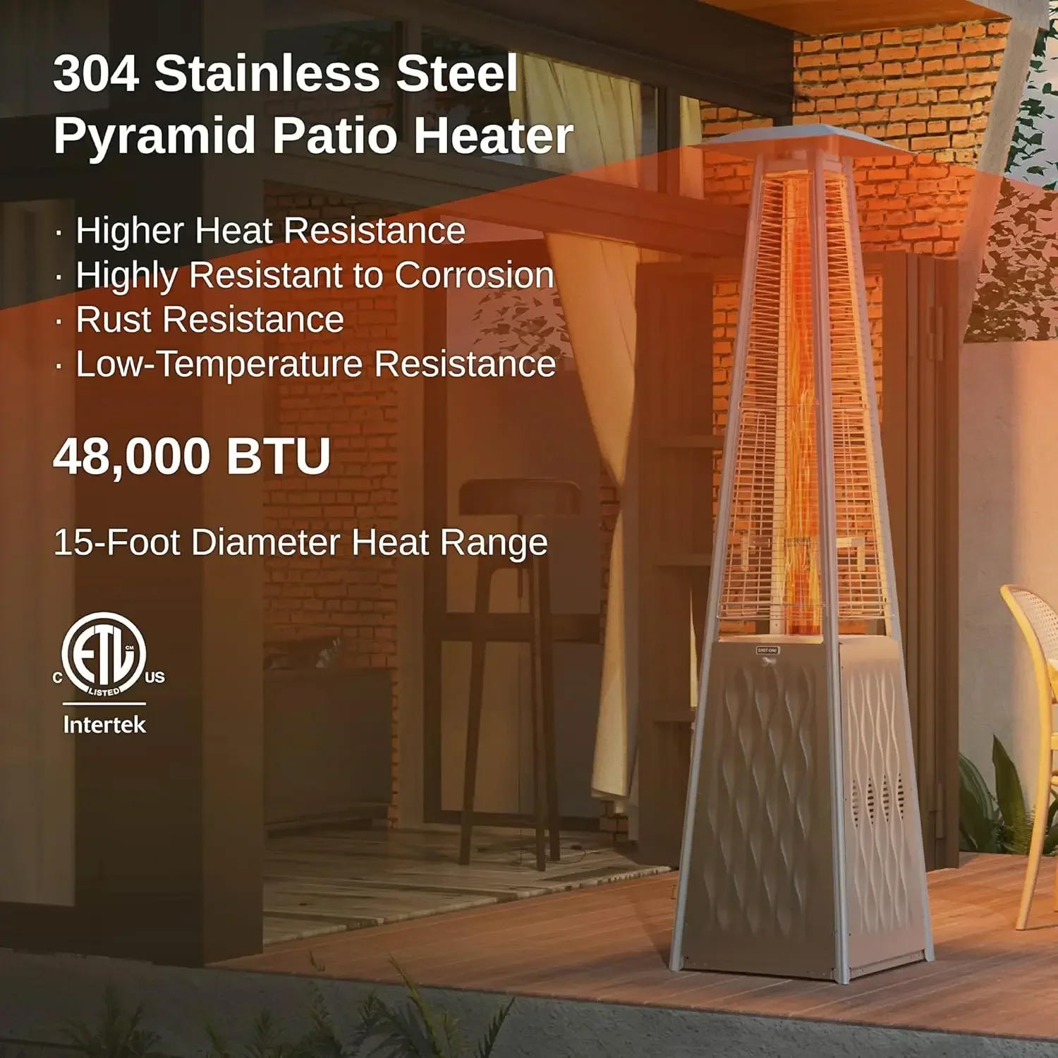Description Picture 3 of itemPyramid Patio Heater 48000 BTU Outdoor Flame Patio Heater All Stainless Steel Quartz Glass Tube Propane Heater Triple Protection