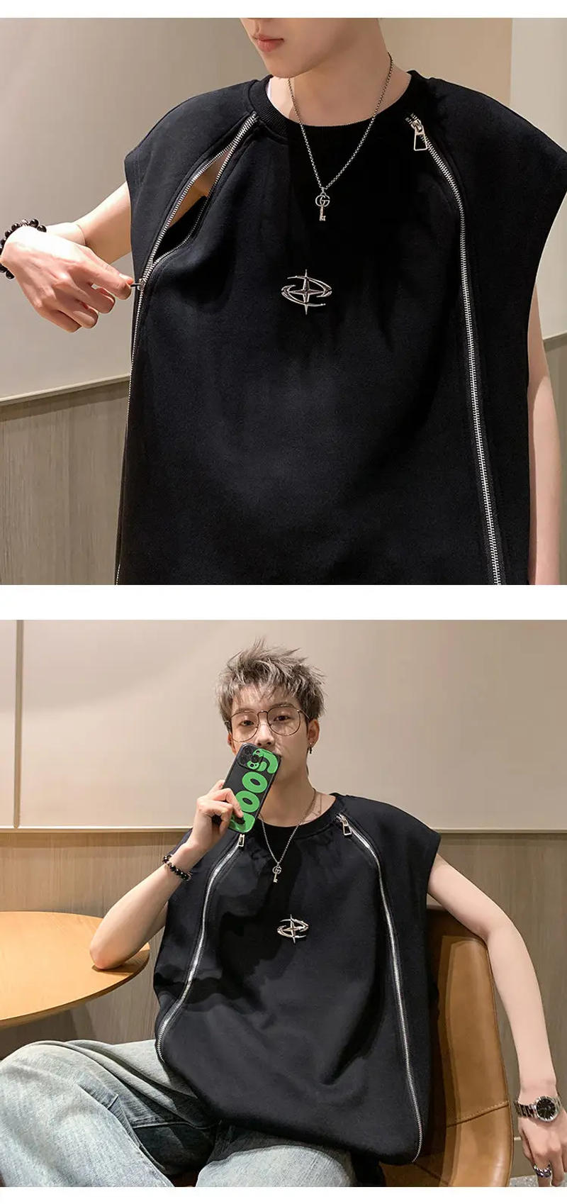 Description Picture 5 of itemFEWQ Men Shoulder Pad T-shirt Darkwear Summer New Top Zipper Design 2024 Metal Decoration Sleeveless Vest Korean Fashion