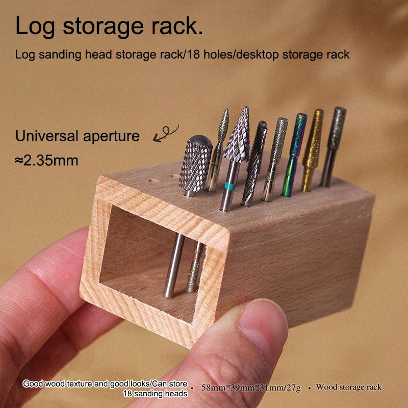 Description Picture 3 of item18 Holes Wood Nail Drill Bits Holder Display Storage Box Nail Grind Head Organizer Stand Empty Container Case Manicure Tool