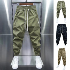 Men Mid-rise Harem Pants Men's Drawstring Elastic Waist Casual Pants with Pockets Soft Breathable Ankle-banded for Comfort