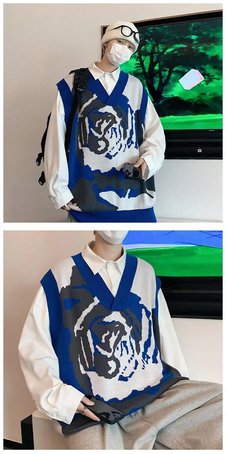 Description Picture 4 of itemSweater Vest Men Thicken V-neck Sleeveless Knitted Sweaters Vests Retro Preppy-style Chic Loose Casual All-match 2023 C26