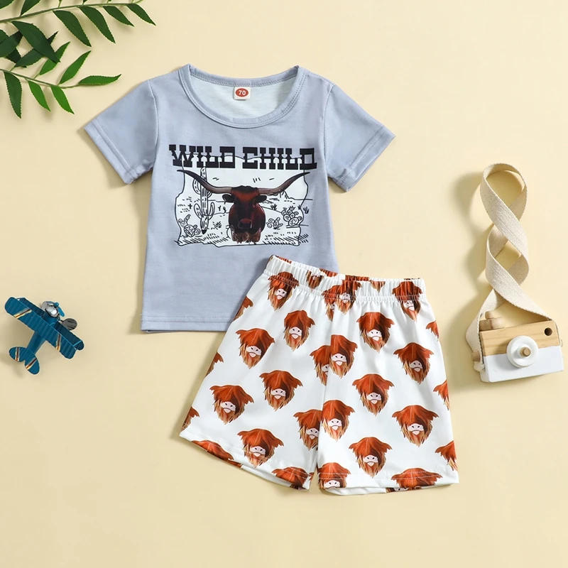 Description Picture 3 of itemToddler Baby Boy Western Clothes Short Sleeve Cartoon Letter Print T-Shirt Shorts Set