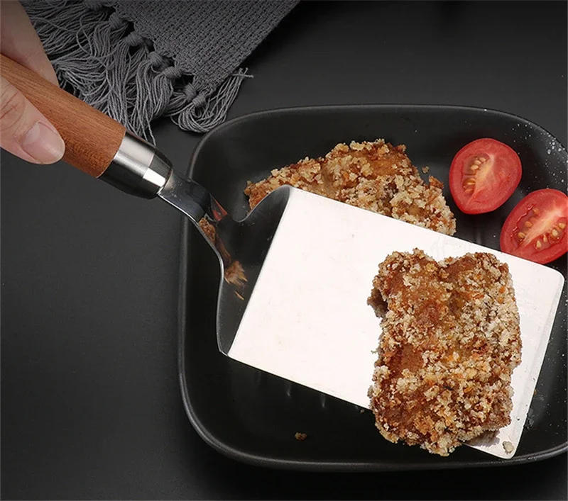 Description Picture 4 of itemStainless Steel Square Head Steak Cooking Spatula Pizza Shovel Pancake Beef Turner Scraper Wood Handle BBQ Utensils for Kitchen