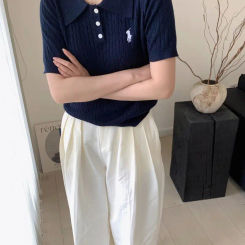 New College Style Polo Neck Short Sleeve Knitted Shirt Summer Embroidered Chic Slimming Pullover  T-shirt Top for Women