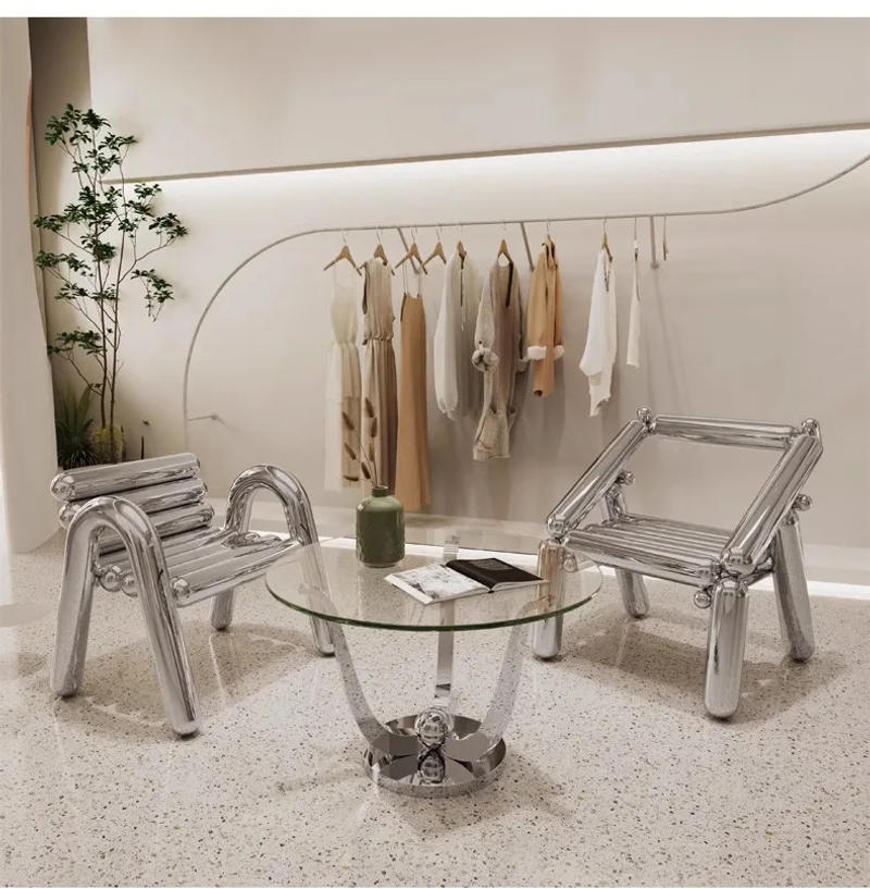 Description Picture 6 of itemModern Simplicity Stainless Steel Chair Creative Design Minimalism Style ART Home Living Room Chair Stainless Glass Tea Table