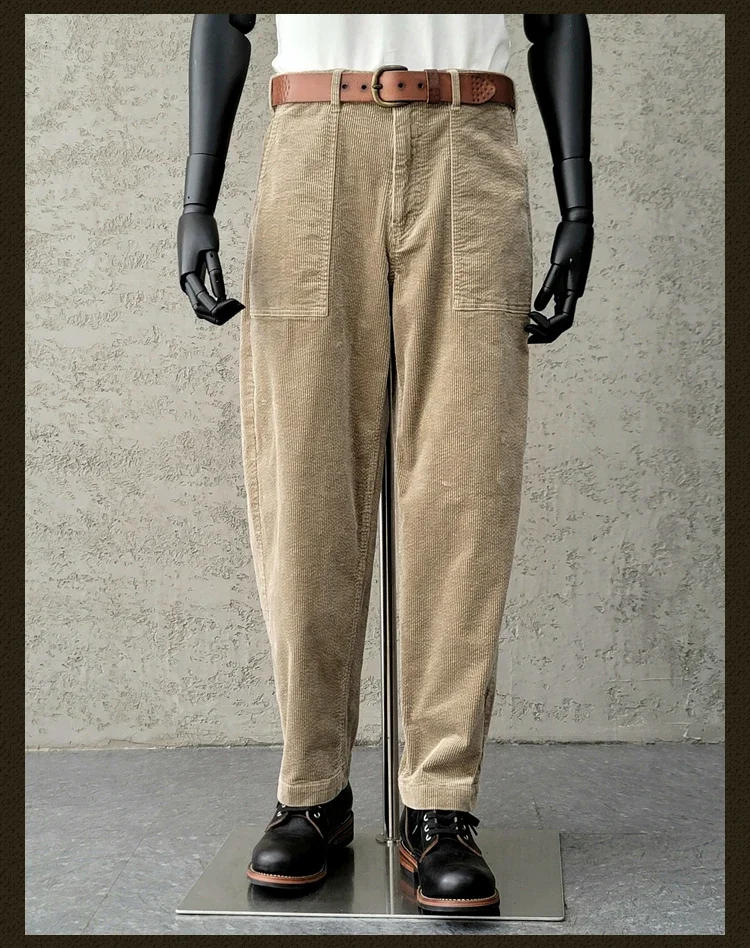 Description Picture 6 of itemAmei Khaki Style Vintage Cotton Khaki Corduroy Cargo Wide Leg Pants Day Loose Tapered Foot Pants