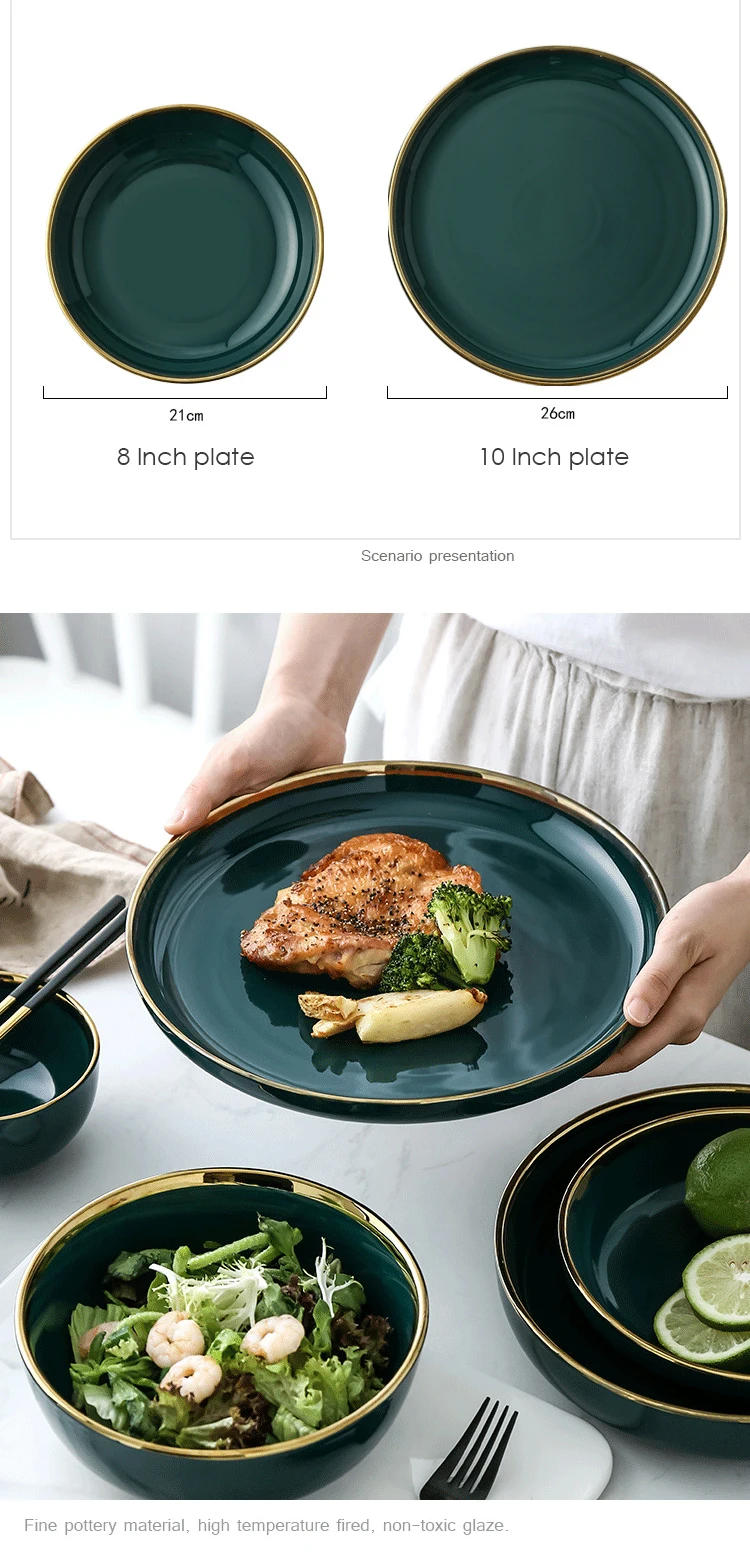 Description Picture 5 of itemGreen Ceramic Gold Inlay Plate Steak Food Plate Nordic Style Tableware Bowl Ins Dinner Dish High End Porcelain Dinnerware Set