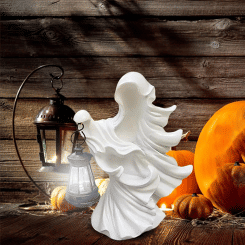 ABJN-Halloween Ghost Witch Ornament With Lantern Resin Energy Saving Statue For Garden Courtyard Decor