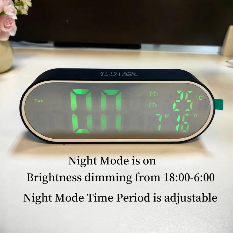 Description Picture 5 of itemRechargeable Digital Alarm Clock TEMP Date Week 2 Alarms Night Mode Snooze 12/24H Anti-disturb Voice Control LED Mirror Clock