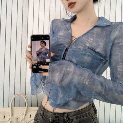 American Retro Long Sleeve Blouse Women Mesh Sheer Sexy V Neck Shirt Chiffon Thin Breathable Lace Up Harajuku Y2K Tops