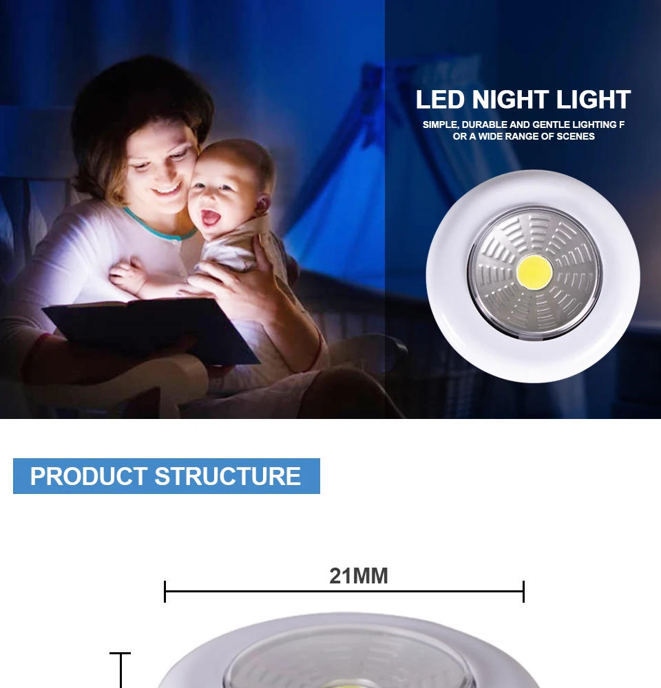 Description Picture 2 of item5PCS LED COB Touch Light Under Cabinet Led Wireless Night Light Wall Lamp Wardrobe Cupboard Drawer Closet for Bedroom Kitche