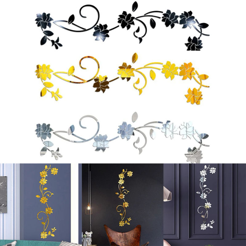 Description Picture 2 of item3D Mirror Wall Sticker Flower Art Removable Acrylic Mural Decal Home Room Decor Gold Silver Black Bedroom Bathroom Decoration