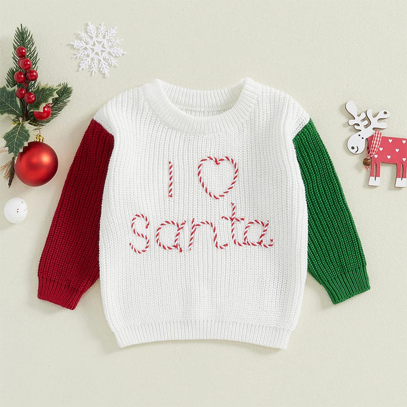 Description Picture 2 of itemBaby Christmas Sweater Contrast Color Long Sleeve Crew Neck Letters Warm Knit Pullover Winter Tops