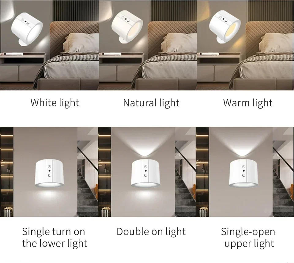 Description Picture 6 of itemLED Double Head Wall Lamp Touch Control Remote 360 Rotatable Wall Light 3 Color Modes Bedroom Living Room Reading Night Light