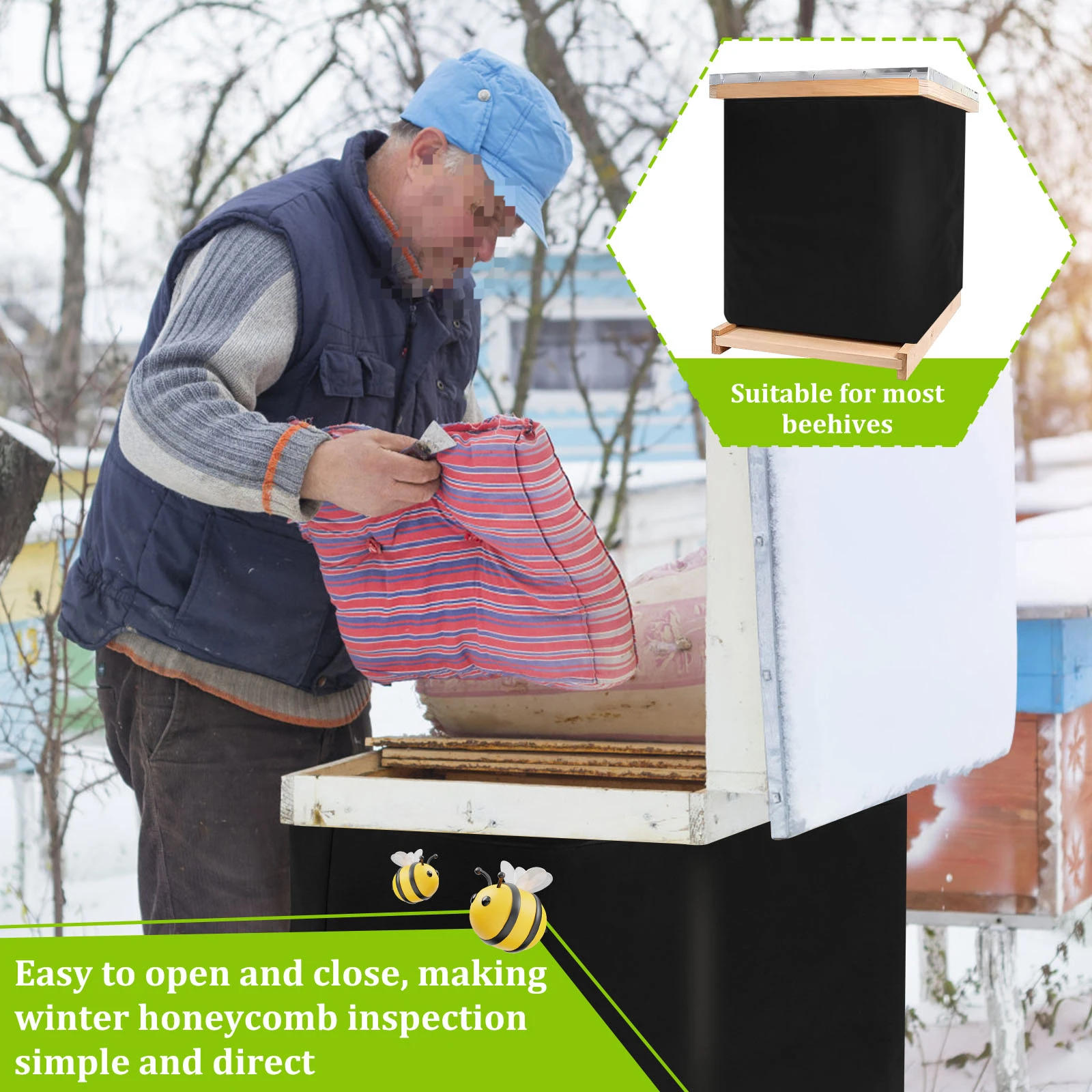 Description Picture 3 of itemNew Winter Bee Hive Wrap 600D Oxford Beehive Wrap Adjustable Bee Hive Insulation Wrap Waterproof Beehive Winter Cover Windproof