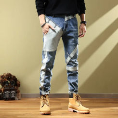 Wintervintage Jeans Men's Trendy Slim Fit Smooth Out Casual Loose Fit Vintage Motorcycle Patchwork Versatile Cotton Pants