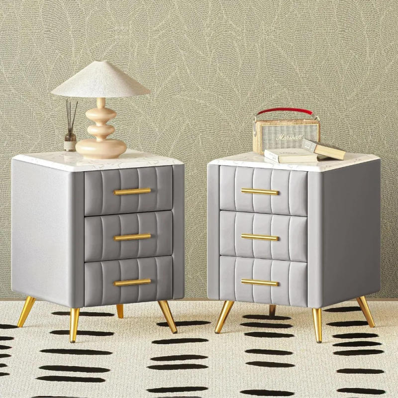 Description Picture 5 of itemNightstand with Drawers Set, Upholstered Wood Bedside End Table with Marbling Top, Nightstand