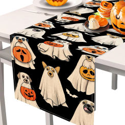 Ghost Dog Table Runner Halloween Spooky Pumpkin Dog Table Runner Jack O Lantern Pumpkin Bat Tablecloth Halloween Decorations  ﻿