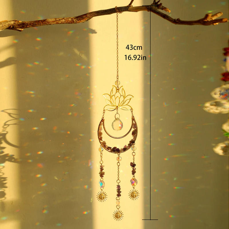 Description Picture 3 of itemMoon and Lotus Prism Suncatcher Natural Stone Dreamcatcher Hanging Crystal Sun Catcher Rainbow Maker Garden Window Decoration