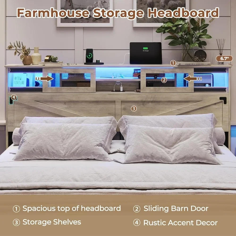 Description Picture 6 of itemKing Bed Frame with Headboard & 2 Drawers, Headboard with LED Lights and Charging Station, Wooden Bed Frame