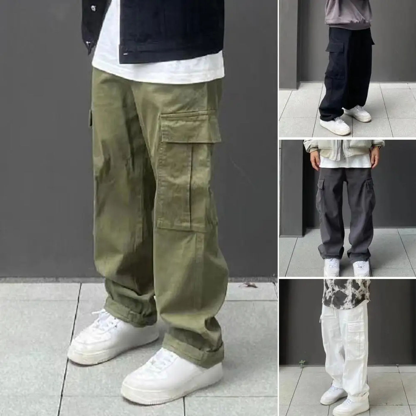 Description Picture 3 of itemMen Pants Solid Color Elastic Waist Loose Wide Leg Multi Pockets Pants Retro Straight Deep Crotch Men Four Seasons Long Trousers