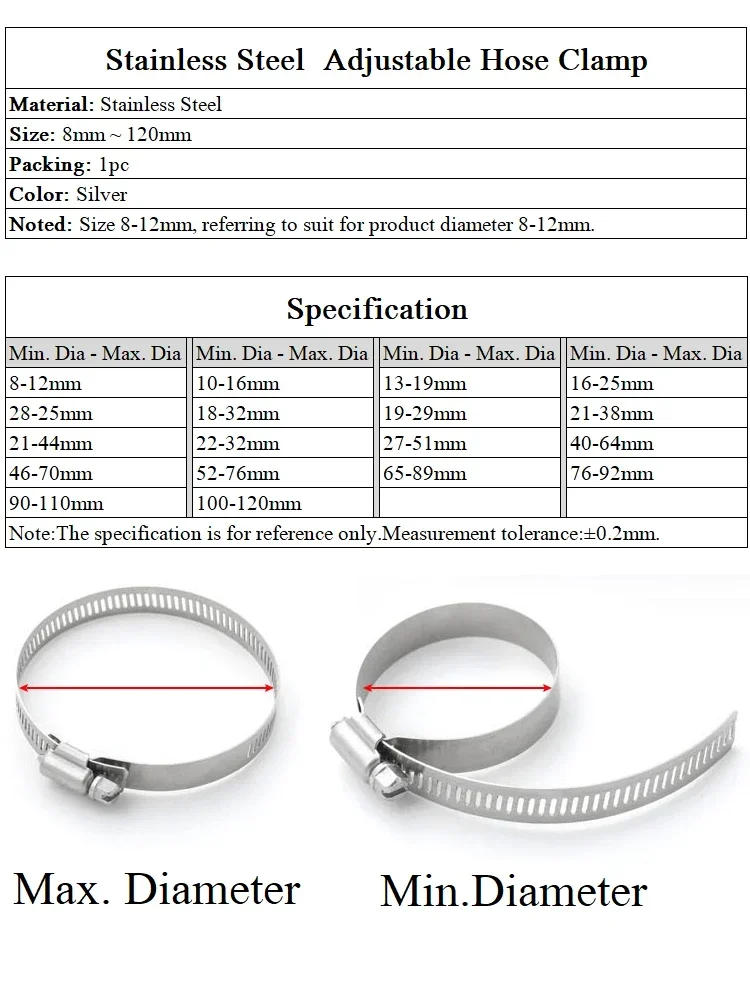 Description Picture 2 of item5Pcs 8mm ~ 120mm Stainless Steel Drive Hose Clamps Adjustable Tri Gear Worm Fuel Tube Water Pipe  Fixed Clip Spring Cramps