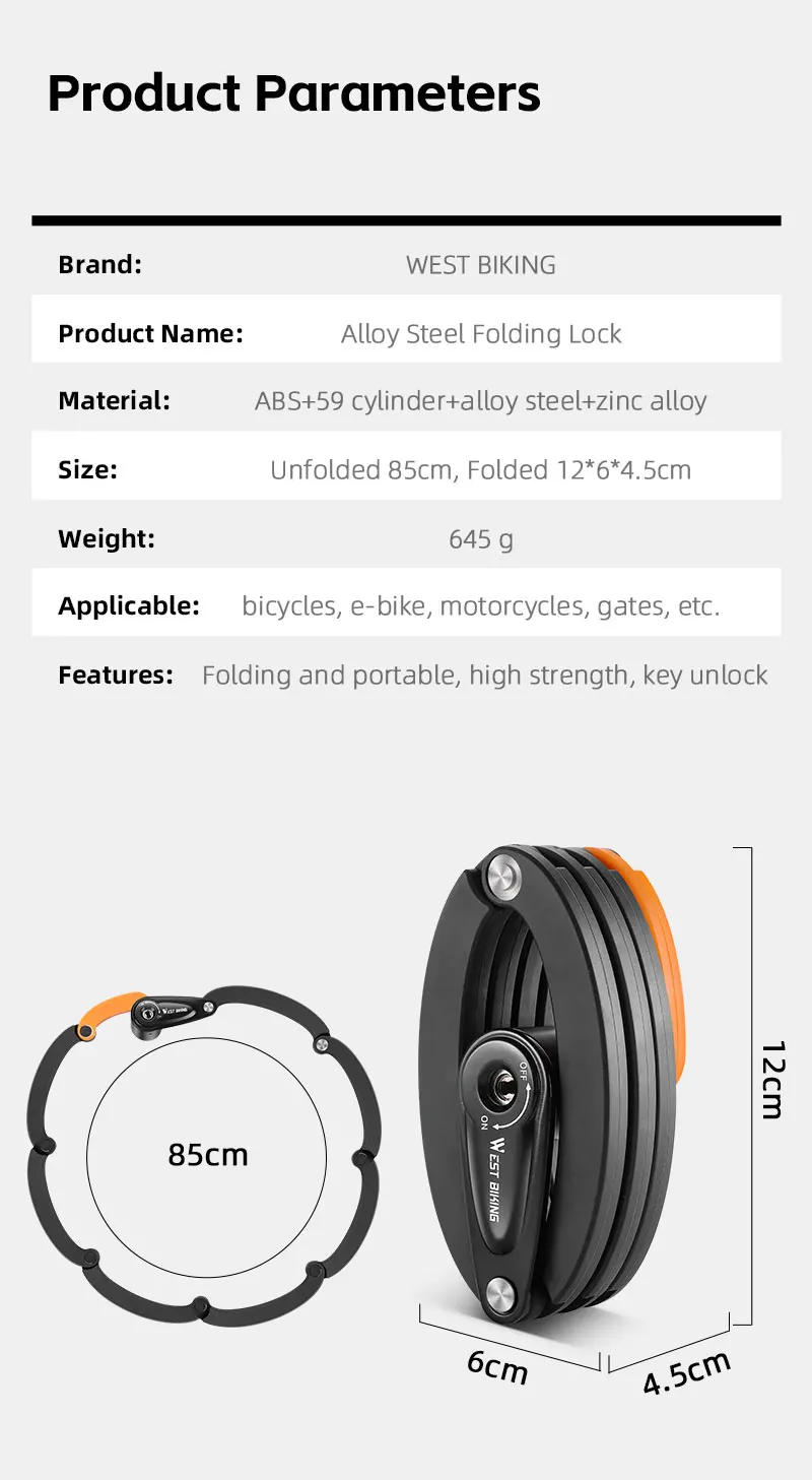 Description Picture 4 of itemWEST BIKING Foldable Bicycle Lock Anti-theft High Security MTB Road Bike Chain Cable Padlock Durable Portable Cycling Accessory