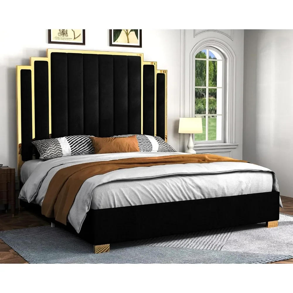 Description Picture 2 of itemKing Size Platform Bed Frame, 65" Velvet Upholstered Bed with Gold Trim Headboard/Wooden Slats